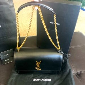 Saint Laurent YSL monogram medium chain shoulder bag. Black Leather.